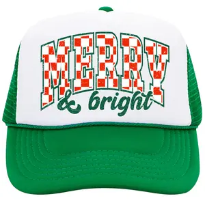 Merry and Bright Trucker Hat for Women and Men - Vintage Check Christmas Adjustable Cap - Retro Winter Holiday Snapback