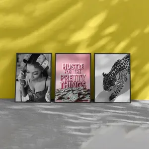 Set of 3 Luxury Wall Art – Leopard Poster, Money Girl Print, Feminist Dopamine Decor – Hypebeast & Girly Room Art - No frame