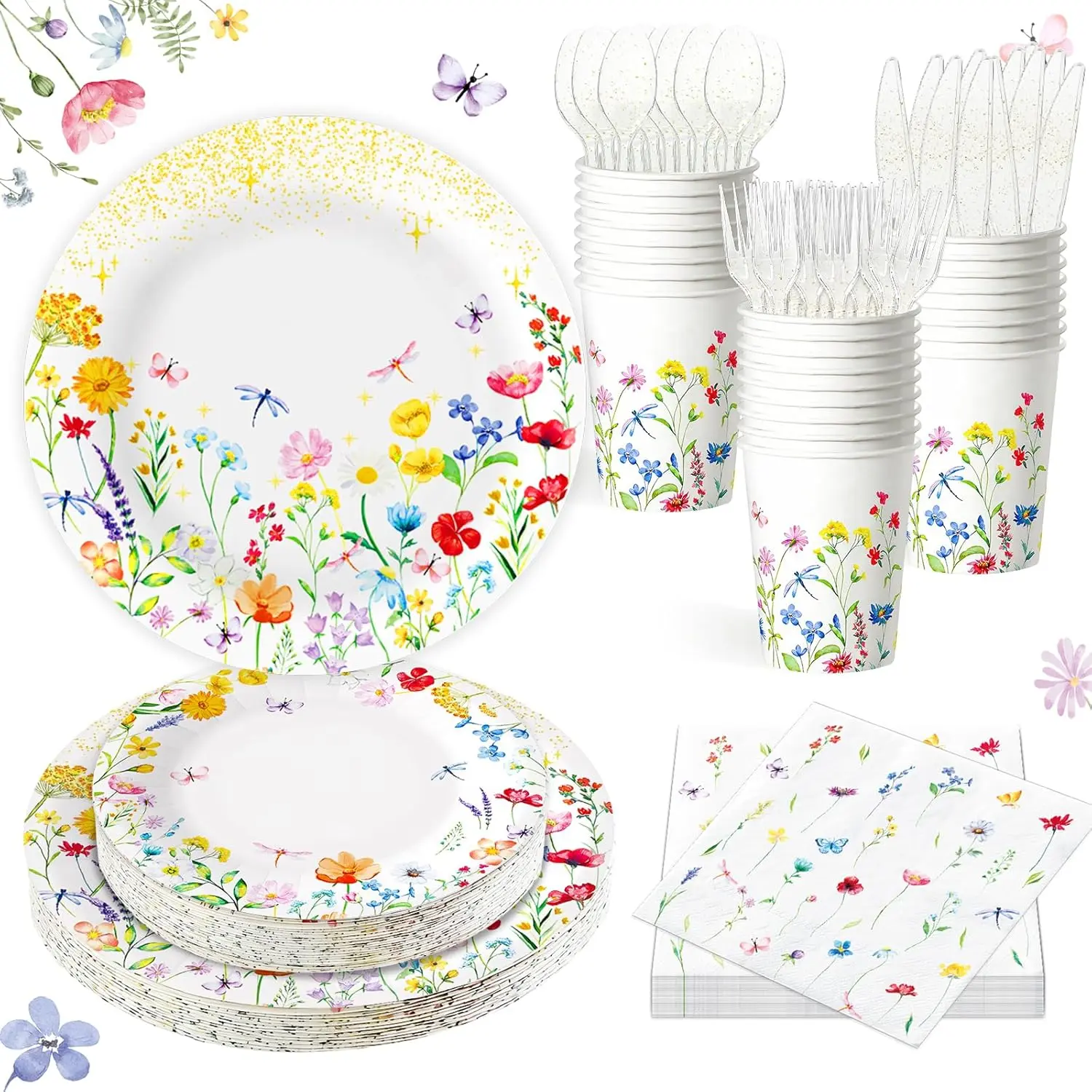 Multicolor Floral Sunflower & Butterfly Wildflower Party Supplies Kit (175 PCS) - Disposable Tableware Set for 25, Includes Paper Plates, Cups, Napkins, Plastic Knives, Forks, Spoons for Birthday Dinner Spring Decor, Birthday Parties