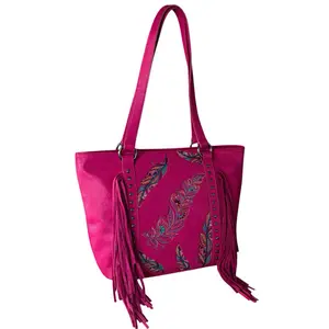 Montana West Embroidered Feather with Fringe Multi-Use Tote