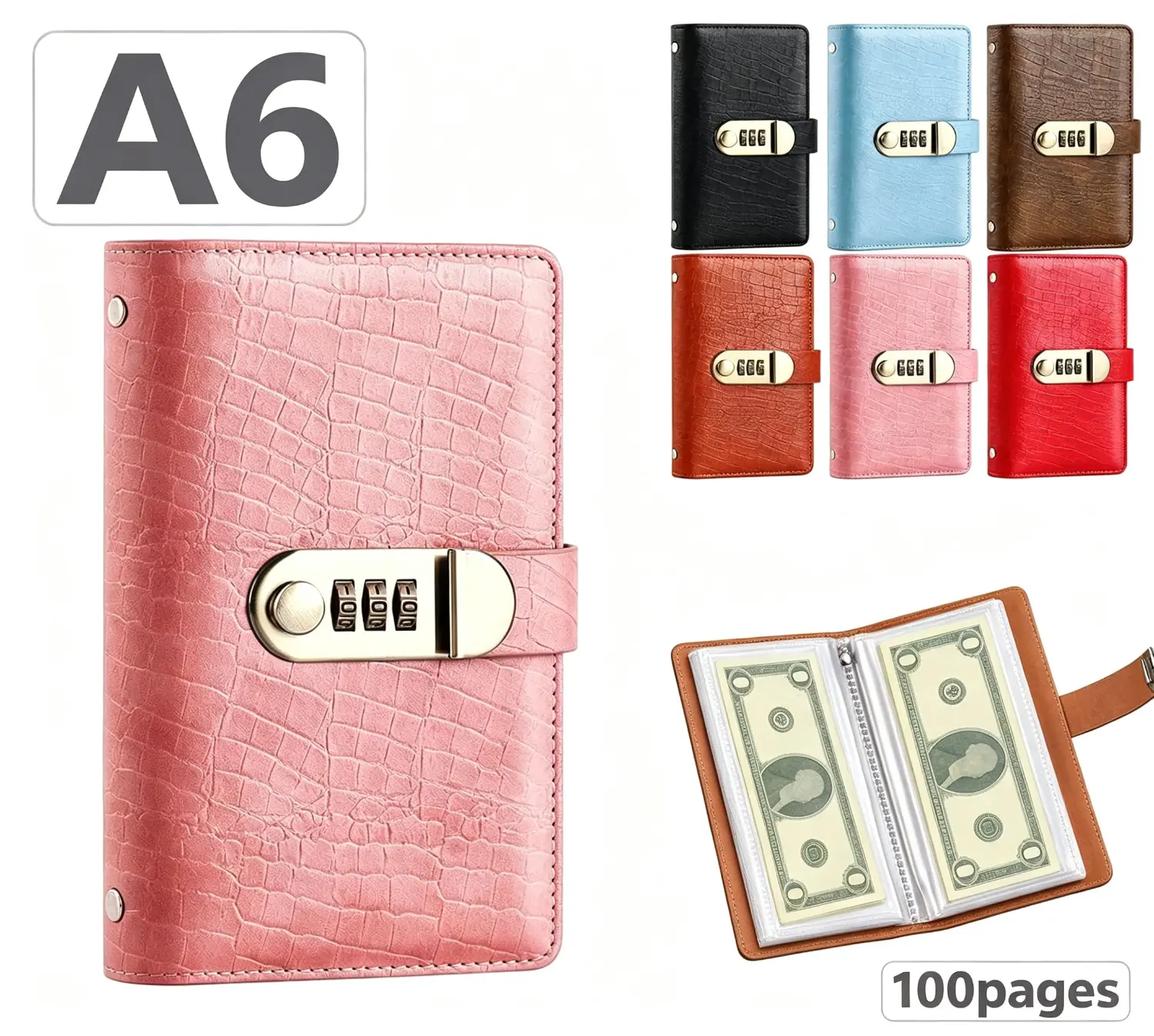 100-Pocket Top Grade PU Leather Currency Album Book (A6 Compact, Book Format) with Password Lock, Binder Pages, Travel Safe Cash Org, World Paper Money Holder for Hobbyists