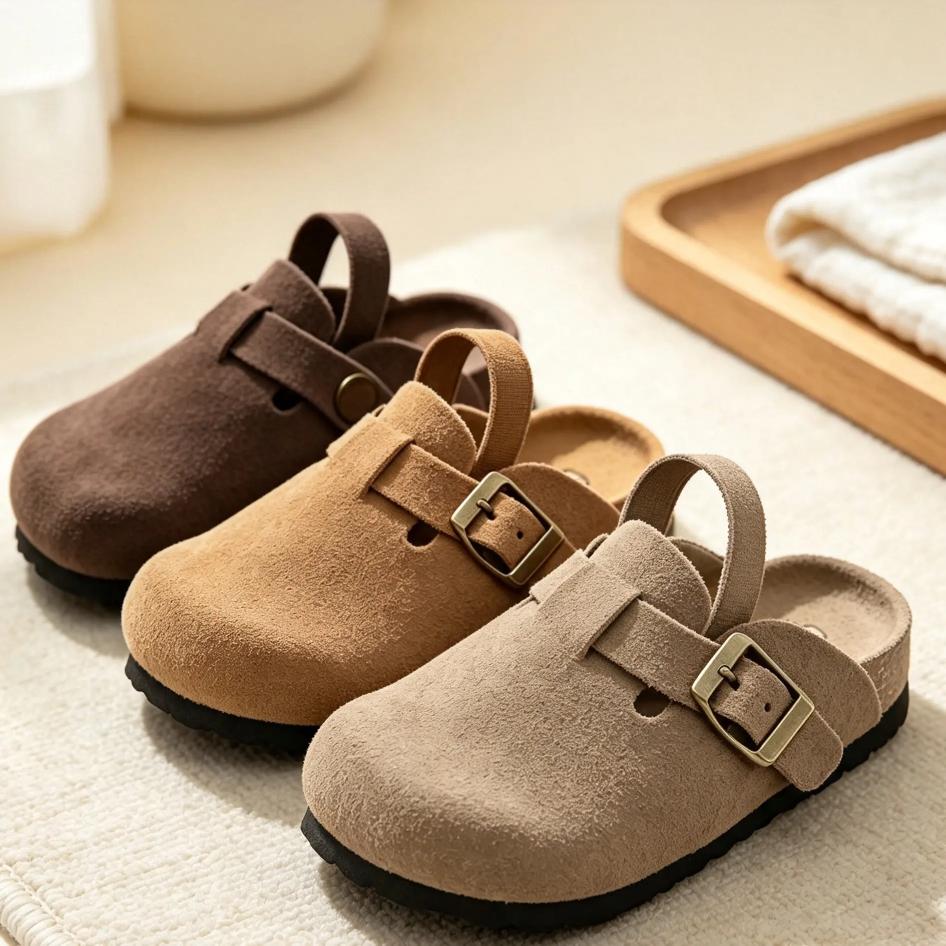 Rosyclo Toddler Kids' Suede Clogs - Unisex Slip-On Shoes Adjustable Metal Buckle, Detachable Elastic Back Strap, Non-Slip Rubber Sole, Soft Cork Footbed, Closed Toe, All-Season Indoor-Outdoor Flats, Daily Gifts for Boys and Girls