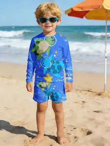 Boys' Beach Vacation Swimwear Set, Turtle Star Ocean Blue Pattern, Quick-Dry Soft Sunscreen, Casual Long Sleeve Shorts, All Seasons, Swimsuit Set, Swimsuit Style