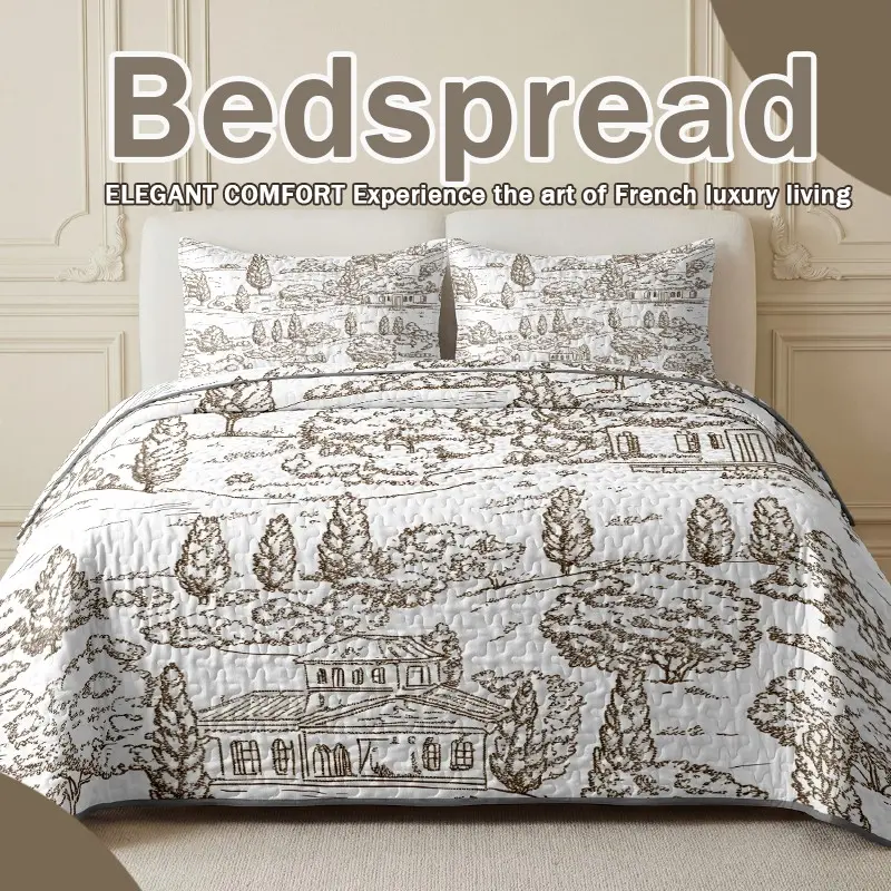 French Vintage Landscape Quilted Bedspread, Waterproof Stain-Resistant Low Allergy, Luxury Sketch Print, Pet-Friendly Hotel Home Single Bed Cover, Bedding for Bedroom, Bed Decor