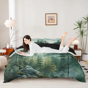 Green Forest Duvet Cover Woodland Mountain Bedding Set,Watercolor Pine Tree Comforter Cover for Kids Teen Adults,Nature Aesthetics Bed Set