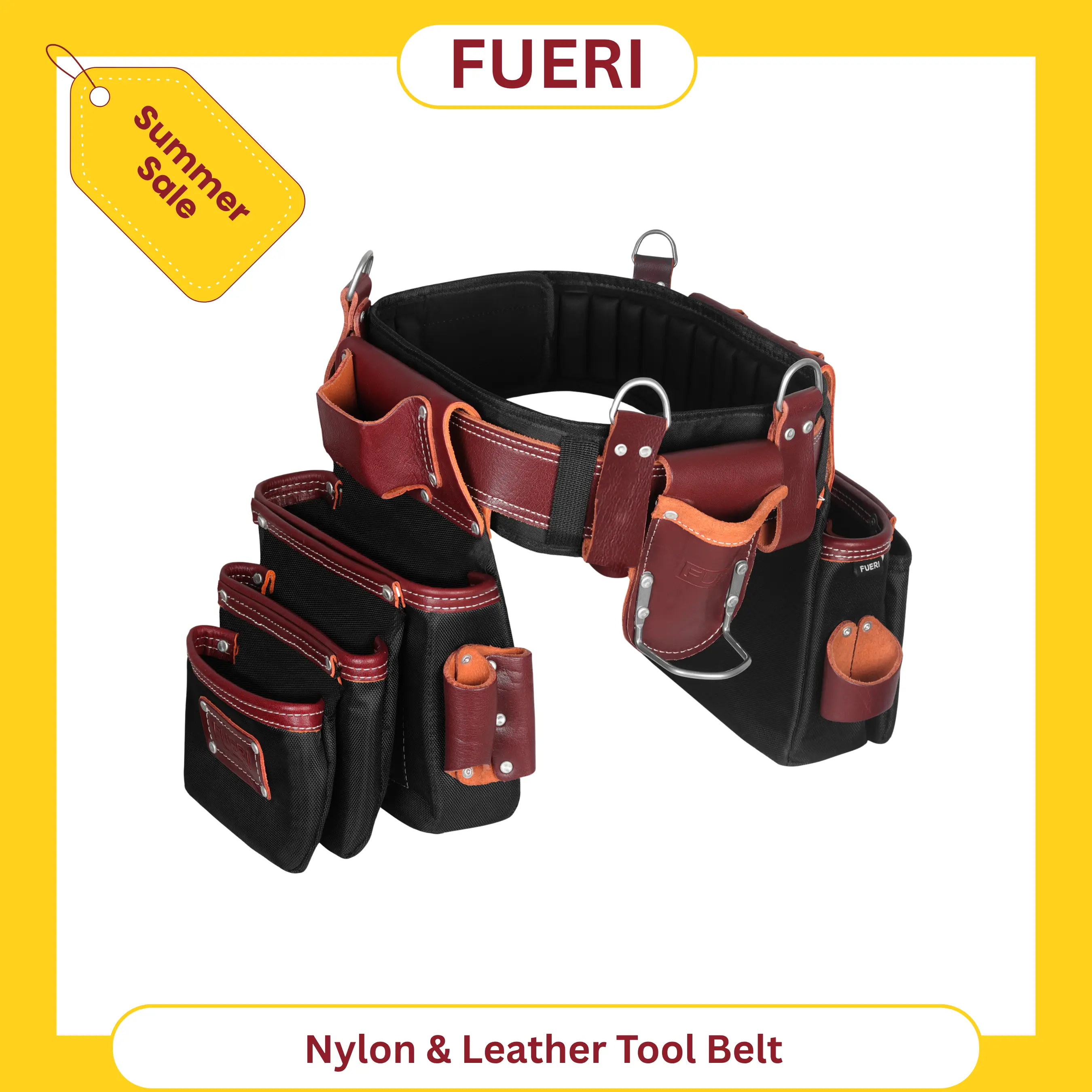 FUERI Tool Belt for Men, Heavy Duty Tool Bag Nylon and Leather 26 Pockets Maroon and Black comes with Comfort Padded Belt,Spacious Pouches,Hammer Holder and Suspender Loops for Carpenter Construction Electrician