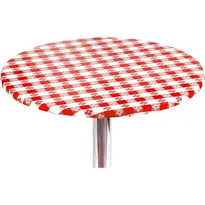 Checkered Vinyl Round Fitted Tablecloth with Flannel Backing for Restaurants, Picnics, Bistros, Indoor and Outdoor Dining
