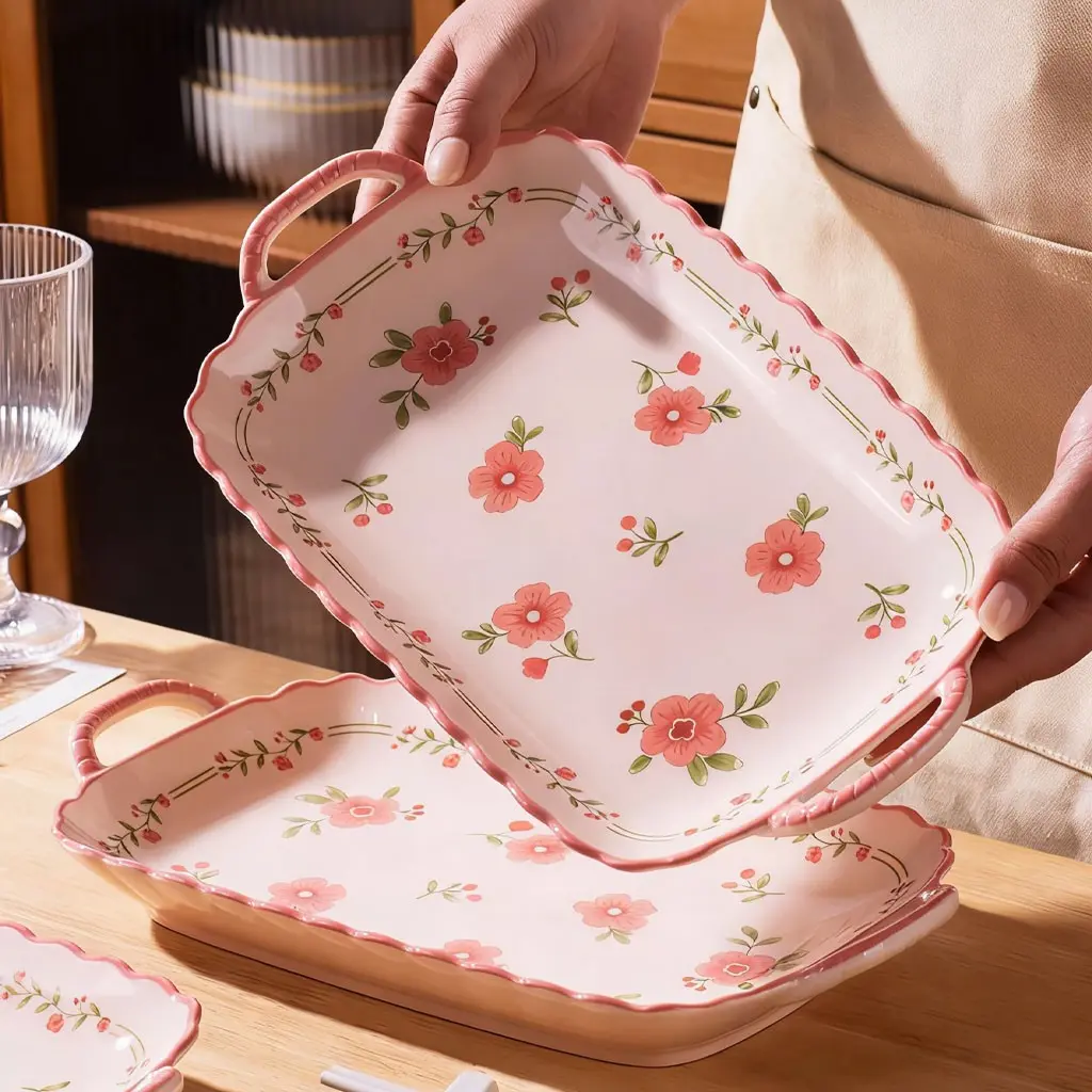 2/4 pieces of 12 inch ceramic fish plates, sushi plates, Serving Plates, Ceramic Dinnerware Set, peach blossom pattern, pink color scheme, high-end, easy to hold with double ear handles, can steam fish, serve dishes, microwave safe, machine washable