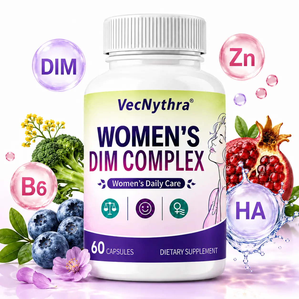 VecNythra Women's 100mg DIM Dietary Supplement - Zinc, Vitamin B6, Hyaluronic Acid, Pomegranate, Blueberry - Hormone Balance, Healthcare Support - Prop 65 Safe - 60 Capsules