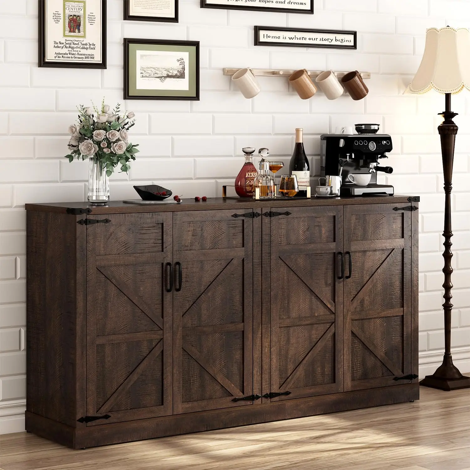 65" Rustic Farmhouse Sideboard Buffet Cabinet - Sturdy Large Storage Unit with 4 Doors, Adjustable Shelves, Plates & Snacks Storage for Kitchen, Dining Room Organization
