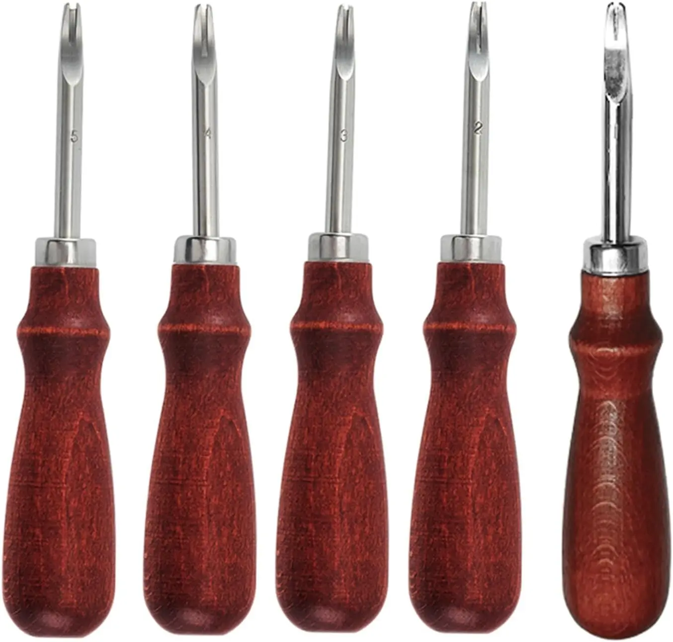 Leather Edge Skiving Beveler Tool 5 Set,French Beveler,Wide Mouth Leathercraft Edge Skiving Beveler Leather Trimmer with Wooden Handle Five Sizes(0.8mm,1mm,1.2mm,1.4mm and 1.6mm)