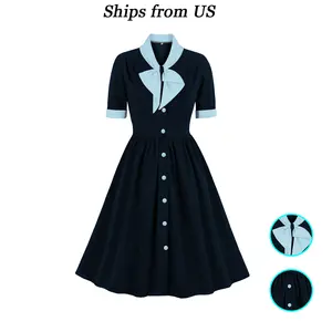 Women's 1950s Retro Cocktail Dress with Color Block Bow and Button Midi Dress, Slim Fit, Summer Fashion Short Sleeve Dress turkey trot tutu dress original elegant outfits blue polka dot dress