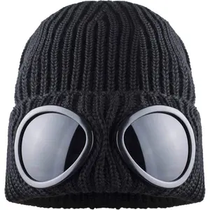 Goggle Hat, Beanie Style with Ribbed Knit Cuff for Winter - Unisex Black