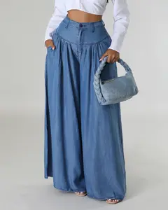 M MYODRESS Solid Color High Waist Wide Leg Denim Women Pants Casual Floor Loose Trousers Long Wide Leg Flared Pants with Side Pockets for Casual Chic Trousers and Everyday Wear