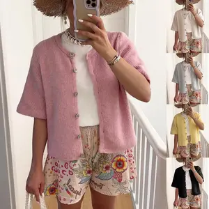 Women's 1/2 sleeve cropped cardigan lightweight button-down crochet knitted shawl sweater suitable for summer and spring wear