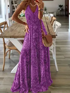 V-Neck Spaghetti Strap Maxi Dress, Bohemian Geometric Print, Tiered Ruffle Hem, Casual Vacation Style, Boho Casual Wear