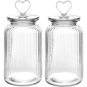 Set of 2 Airtight Glass Jars, 45oz Jar of Hearts Cute Cookie Jar Decorative Jars with  Candy Jars for Candy Buffet Heart Shaped Lid - Stripes Textured