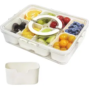 Divided Serving Tray with Lid & Handle, Plastic Portable  Storage Container Snack Platters, 8 Removable Compartment Box for Parties,  Appetizer Clear Organizer for Veggie, Candy, Fruit,Nut
