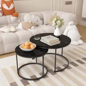 Nesting Coffee Table Set of 2, 27.6inch Round Coffee Table Industrial Wood Finish with Sturdy Metal Frame, End Table Side Tables for Living Room Bedroom Balcony Yard