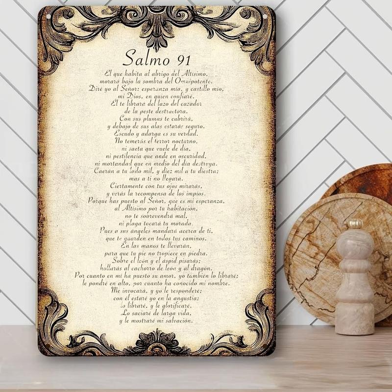1pc 12x8inch Aluminum 2D flat Decorative Sign & Plague Vintage Psalm 91  Wall Sign, in - Spanish Inspirational Religious Decor with Ornate Frame, Home Prayer Room & Holiday Celebrations ('s Day//Easter/Valentine's), In 8X12Inch/20X30Cm