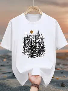 Men's pure cotton casual short-sleeved T-shirt, spring and summer style short-sleeved solid-color printed casual sports T-shirt, all-cotton home and outdoor comfortable and breathable round-neck T-shirt, suitable as a gift for men