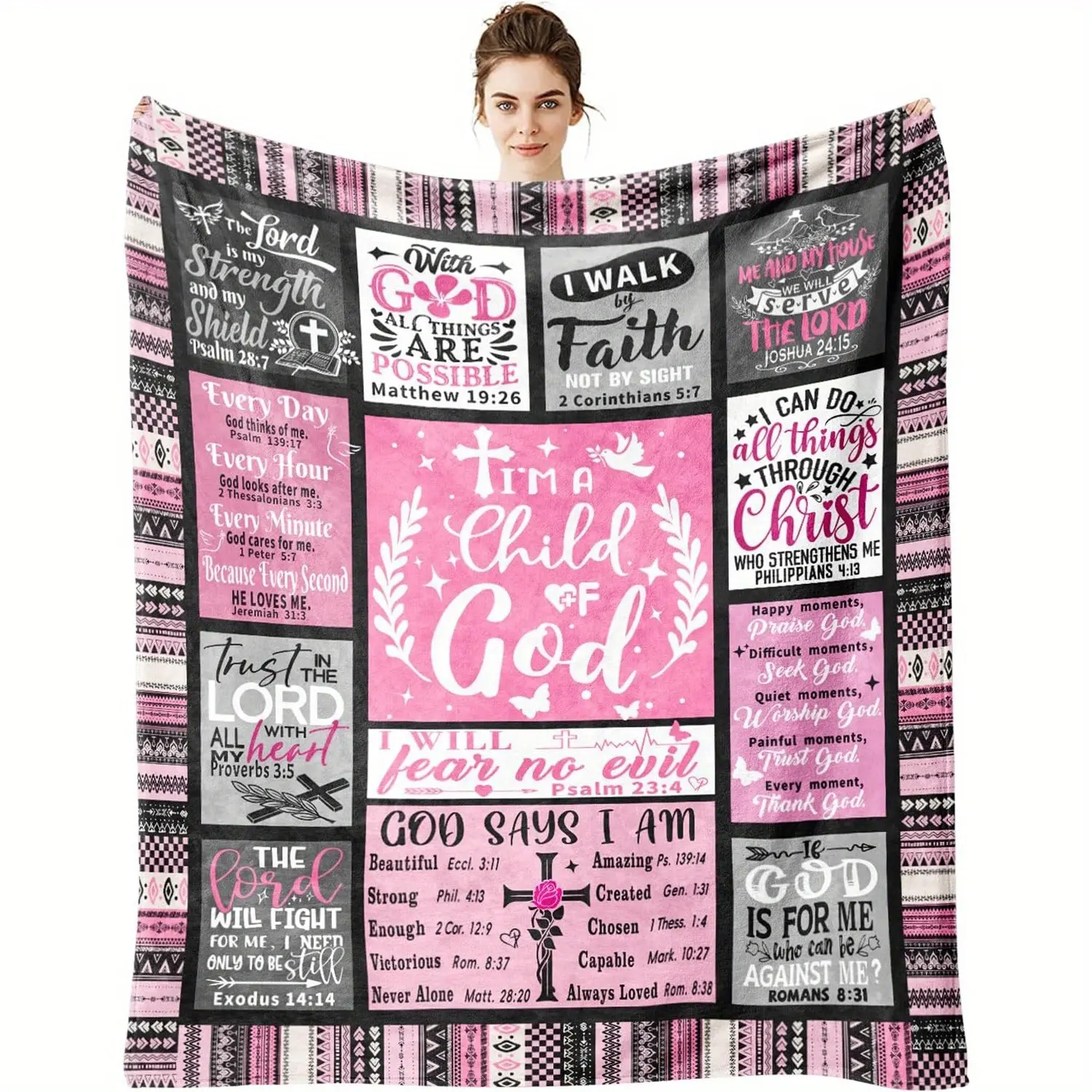 Soft Cozy Flannel Christian Print Blanket - Pink Boho Cross Graphic Religious Scripture Design, Warm Fuzzy Throw for Christian Women, Ideal Baptism Easter Gift, Bedroom Sofa Home Decor, Christian Print Blankets, Cross Graphic Blankets
