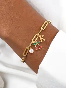 Women's Elegant Stainless Steel Bracelet with Cherry Pearl Pendant, Chain Link Design, All Season Jewelry Accessory, Pearl Embellished