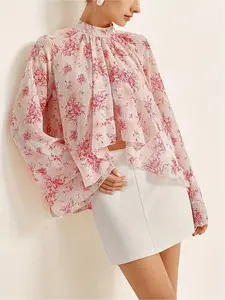 Women's Light Pink Fashionable French Romantic Floral Blouse, perfect for dates, afternoon tea, and spring outings