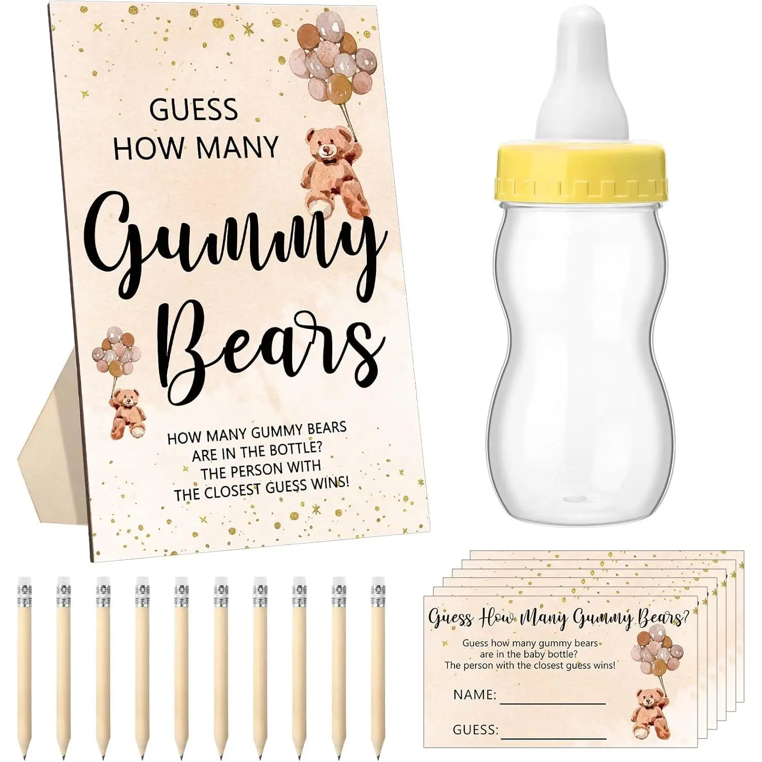 122 count  Shower  Guess How Many Bears 100 Guessing Cards 20 Pencils 1 Bottle 1  Standing Sign for  Shower  Gender Reveal Party Decoration(Brown)