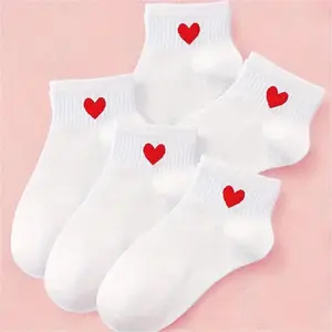 5 Pairs Of Girl's Hearts Pattern Knitted Boat Socks, Comfy Breathable Soft Crew Socks For Outdoor Wearing In Spring And Summer Womenswear Women
