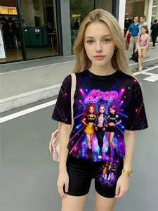 Kpop Idol Support ! Cartoon Girl Group Neon Stage Short Sleeve Shorts Set, Casual Asymmetrical Print Design, Natural Waist