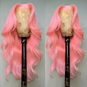 Pink Body Wave Lace Front Wig 13x4 Inch Deep Wave Synthetic Lace Wigs for Women Long Pink Loose Curl Wavy Lace Frontal Wig Pre Plucked Hairline Glueless Wigs for Daily Party Use Mother's Day Gift transparent hd