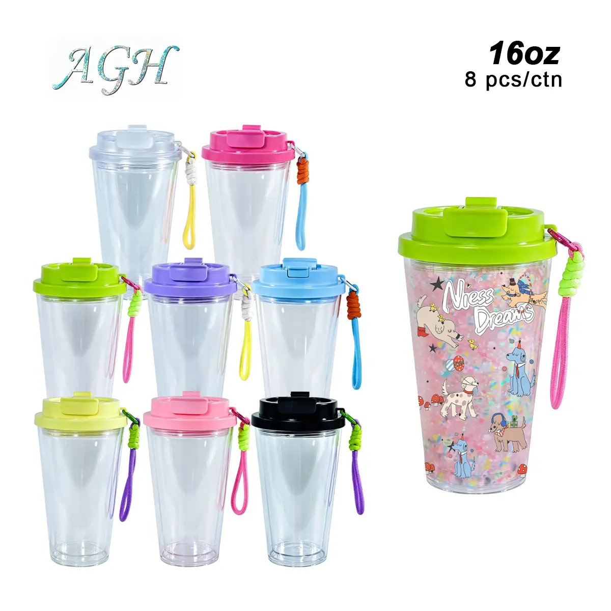 Agh New collection 8-PACK 16 oz 2-IN-1 Double Walled Plastic Tumbler with Mixed Color with Straps, with Pre Drilled Hole And Plugs