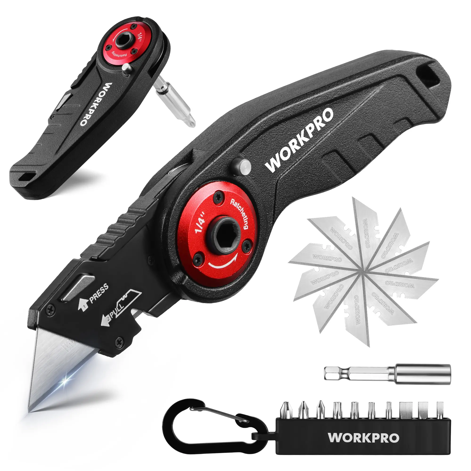 #backtoschool WORKPRO Folding Utility Knife, 2-in-1 Multitool Knife with Ratcheting Screwdriver, Box Cutter Quick Blade Change, EDC Heavy Duty Work Knife with Extra 10 Bit Sets and SK5 Blades