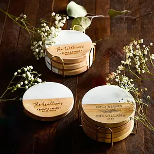 Personalized Wedding Gift, Coaster Set for Couples, Custom Wood Anniversary Christmas Gift for Her, Engagement, Bridal Shower, New Home