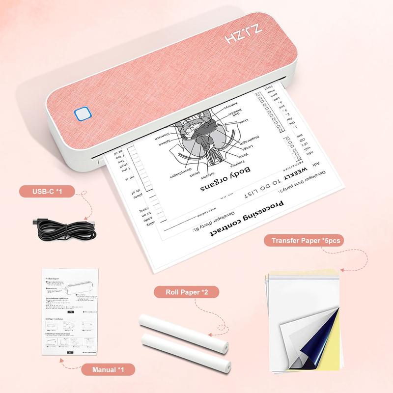 Portable Inkless Thermal Printer, A4 Size, Prints Documents & Labels, Wireless Connection, USB Charging, Ideal for Travel & Office