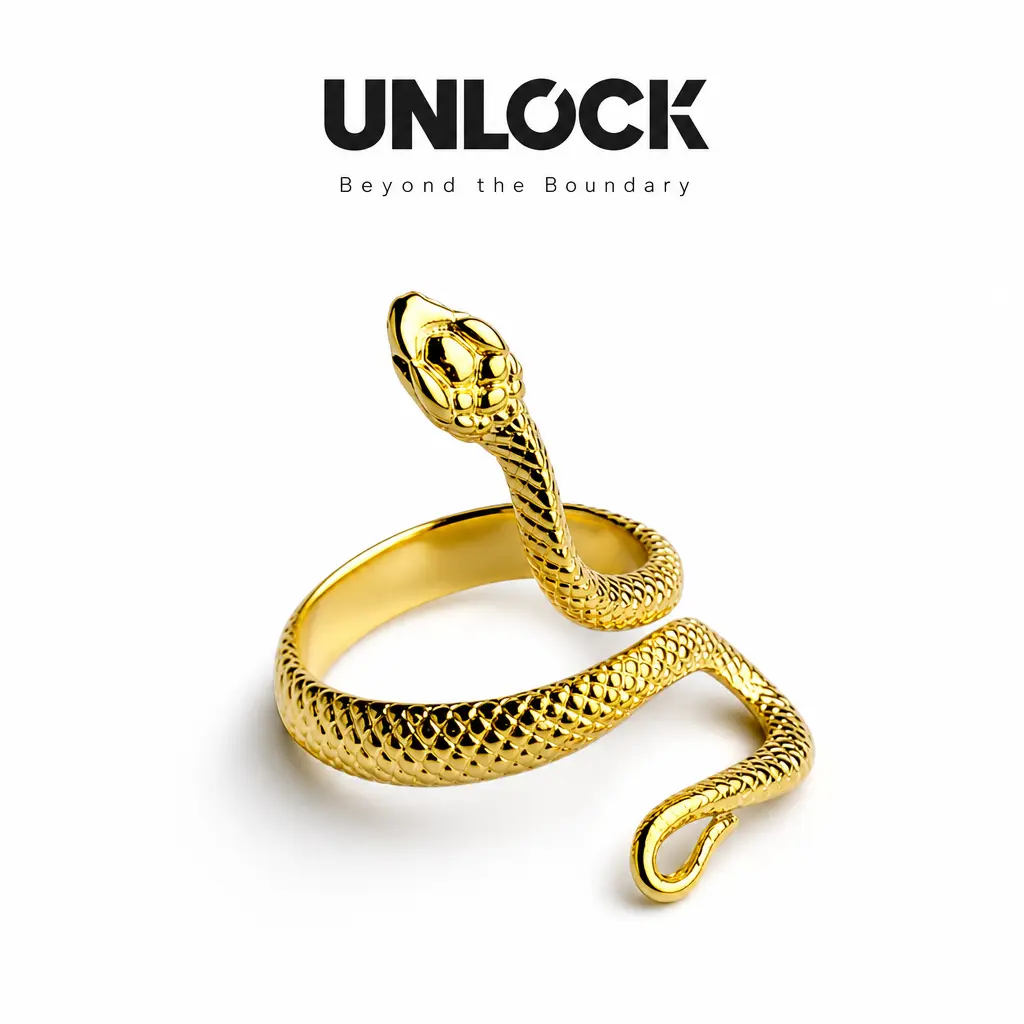 UNLOCK Snake Ring for Women Men, Gold Tone Adjustable Open Ring, Textured Serpent Wrap Ring, Chunky Statement Jewelry Gift