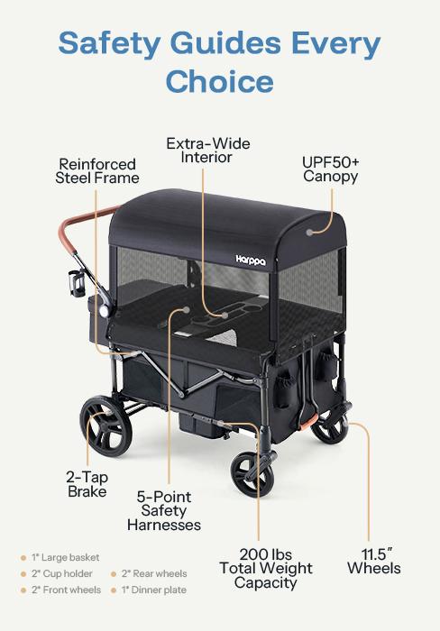 HARPPA Foldable 4 Seater Stroller Wagon, Mosquito Net & Canopy UPF50+, Stroller for Baby Toddler with Storage Bag, All-Terrain Wheels, Adjustable Handle & Cup Holder, Snack Tray