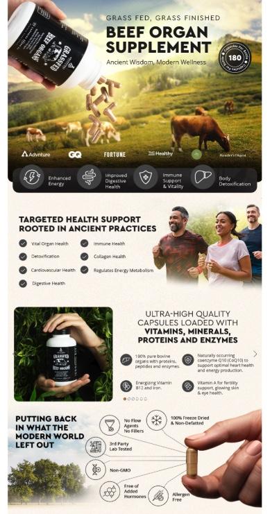 Ancestral Supplements Grass Fed Beef Organ Supplement, Supports Whole Body Wellness with Proprietary Blend of Liver, Heart, Kidney, Pancreas, Spleen, Freeze-Dried Beef, Non-GMO, 180 Capsules