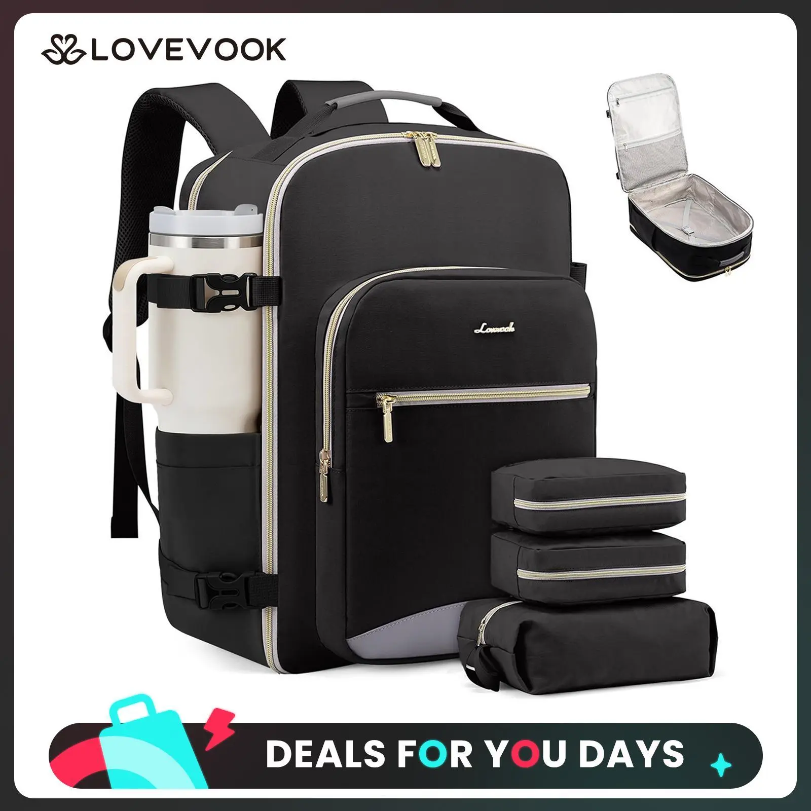 LOVEVOOK TSA-Friendly Carry-On Travel Backpack with 3 Packing Cubes and Laptop Compartment-Personal Item, Airline Approved Travel Bag for Hiking, Travel Essentials, Overnight and Weekend Trips. DealsForYouDays