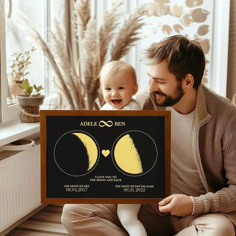 Personalized Moon Phase Wooden Frame - Monogram Moon Phase Print - Bridal Wedding Gift - Father's Day Gift - Custom Moon Phase Wall Printing