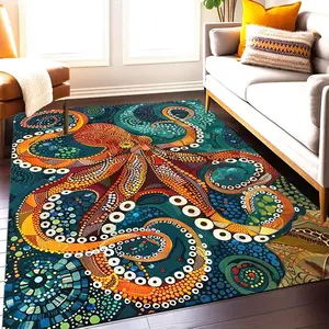 [Large Vintage Octopus Rug] Non-Slip, Fade-Resistant Vintage Octopus Design Area Rug |   100% Polyester, Hand Washable, Indoor Use for Living Room, Bedroom, Game Room |   Large Size (≥2.16m²) with Longest Side ≥1.8M
