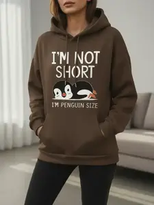 Women's Penguin & Letter Print Drop Shoulder Hoodie, Cute Casual Drawstring Pocket Hooded Sweatshirt for Daily Holiday Outdoor Wear, Women Clothing for Fall & Winter, Cute Animal Sweatshirt, Graphic Hoodies
