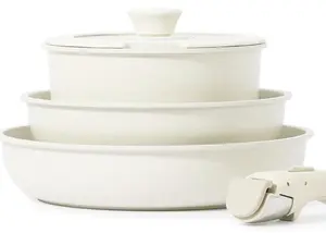 Nonstick Cookware Sets, Non Stick Pots and Pans Set Detachable Handle, Kitchen Cookware Sets with Removable Handle, Stackable RV Cookware for Campers, Oven Safe (White 5 PCS)