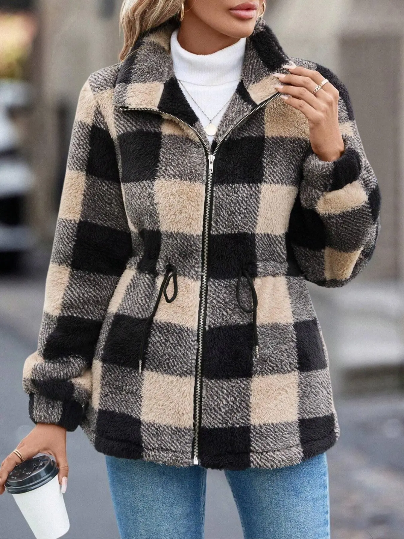 Women's Thick Plush Coat Jackets, Fall Winter Long Sleeve Plaid Checkered Lapel Zipper with Pockets, European Style Casual Fashion Outerwear