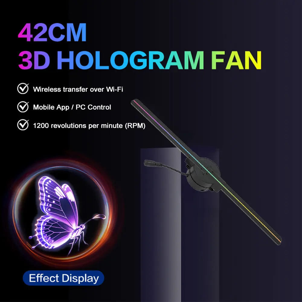 【US】3D Projection Light, Dual-Blade 42cm 3D Holographic LED Display Light, Plug-and-Play 3D Holographic Advertising, Includes App and WiFi, 224 RGB LEDs, Ideal for Holidays, Parties, Commercial Use, Valentine's Day Gifts, Led Projector Lamp
