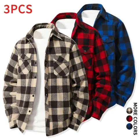 Men’s Tops - 3PCS Long-Sleeve Plaid Flannel Shirts with Lapels, Button-Down Casual Shirts for Fall, Daily Commute #SohoChic