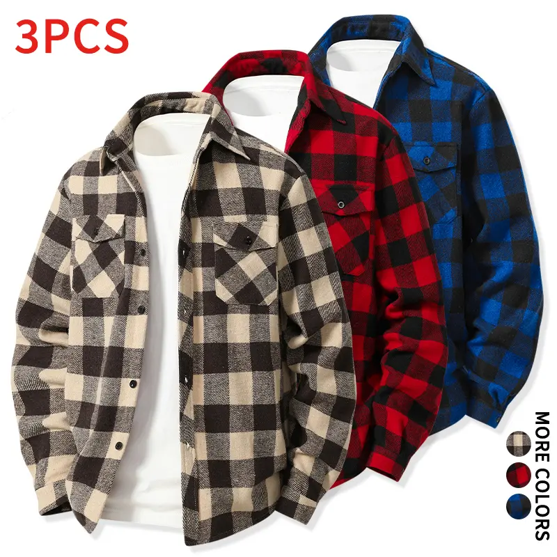 Men's Checked Long-Sleeve Plaid Flannel Shirts - 3PCS Menswear Men's Clothing Button-Down Lapel Tops for Fall, Daily Commute #SohoChic