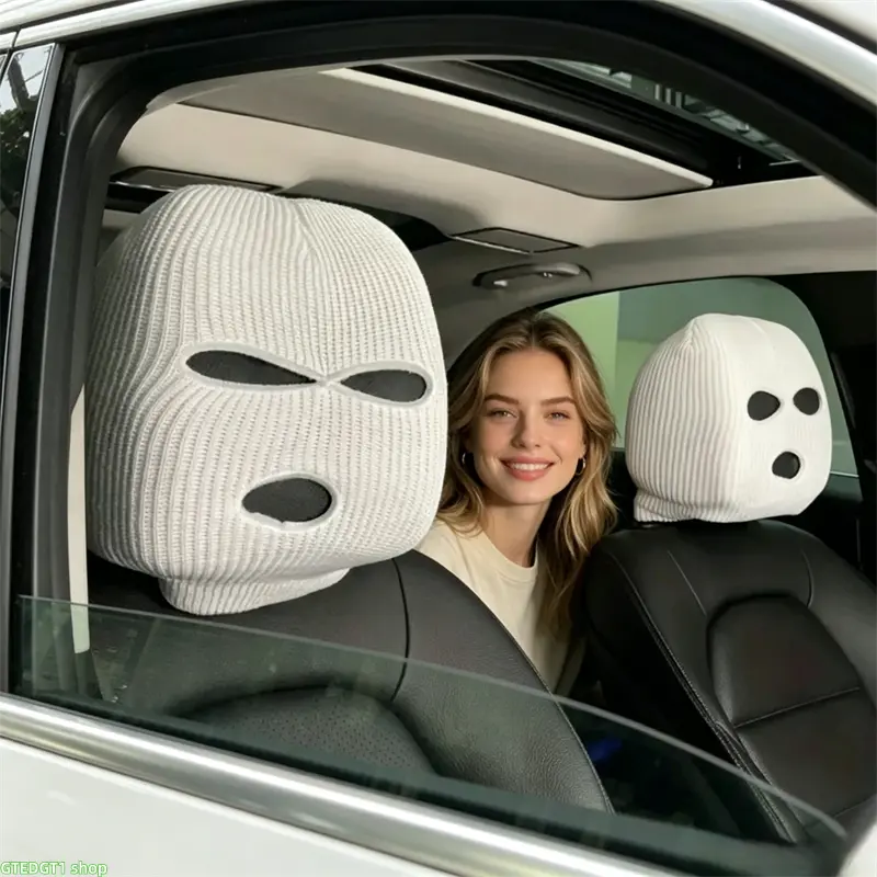 Gothic Ski Mask Style Car Headrest Covers 2 Pcs, Spooky Double Sided Printed Stretchable Pillow Sleeves, Stylish Interior Decoration Fits Most Vehicles for Daily Road Trip Use
