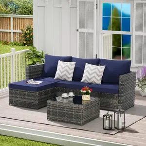5 Pieces Outdoor Patio Furniture Set All-Weather Wicker Sectional Conversation Sofa Rattan Patio Seating Sofa with Cushion and Glass Table and Ottoman for Porch Poolside Backyard Porch